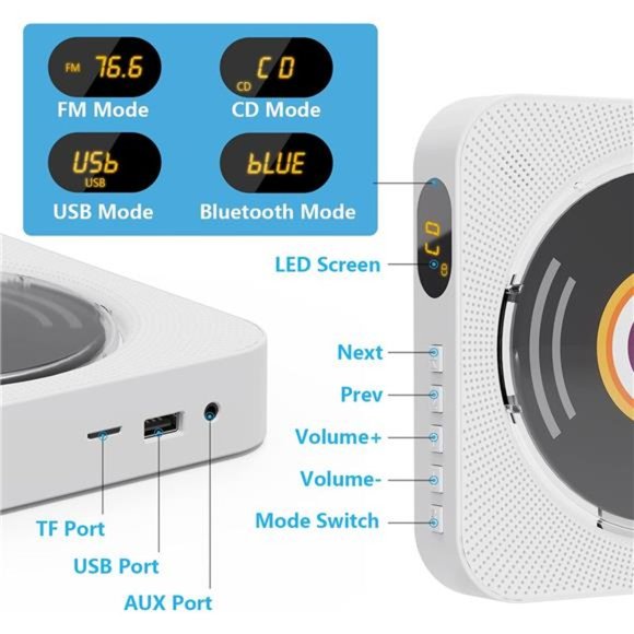 Portable CD Player, Upgrade Wall Mount CD Player,Bluetooth Home Audio with Cover - Picture 3 of 7